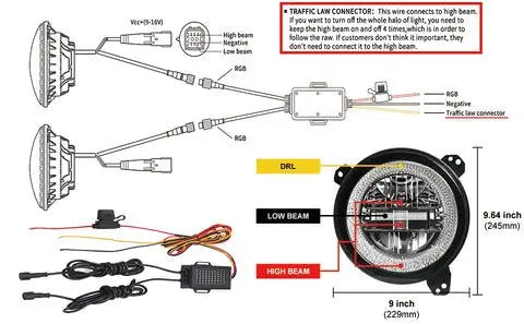 Flashtech Jeep Wrangler JL 9" LED Headlights with Color Chase Halos