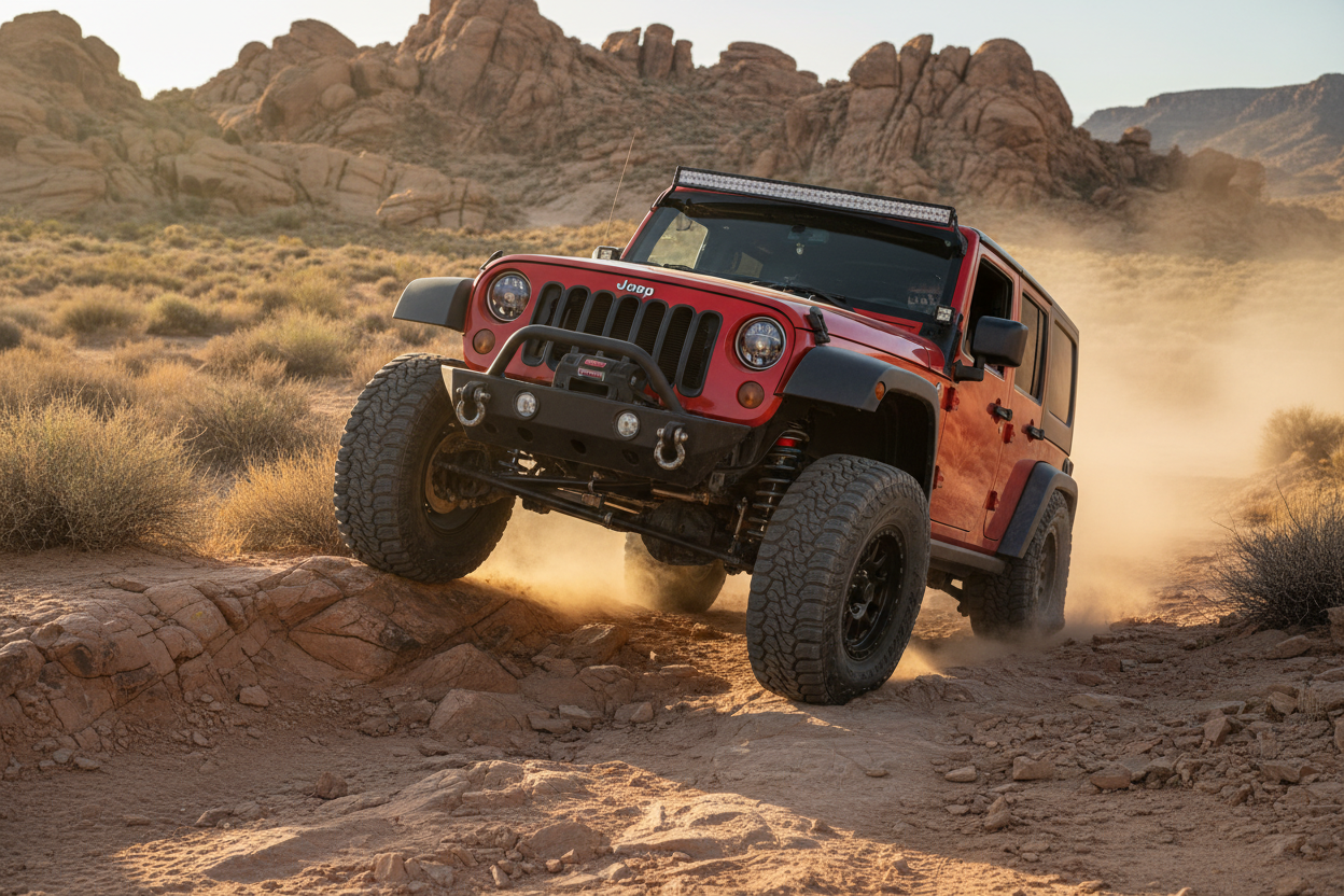 a jeep flexed on rugged terrain